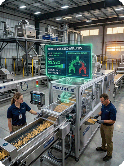 Técnicos operando unidade de beneficiamento de sementes