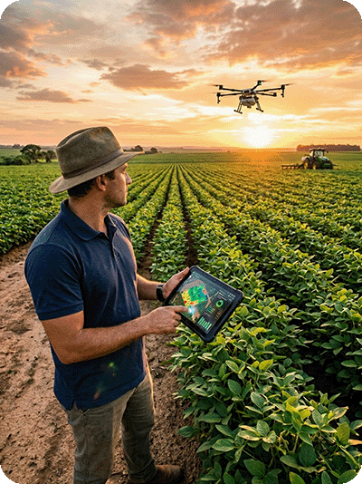 Produtor utilizando tablet no campo