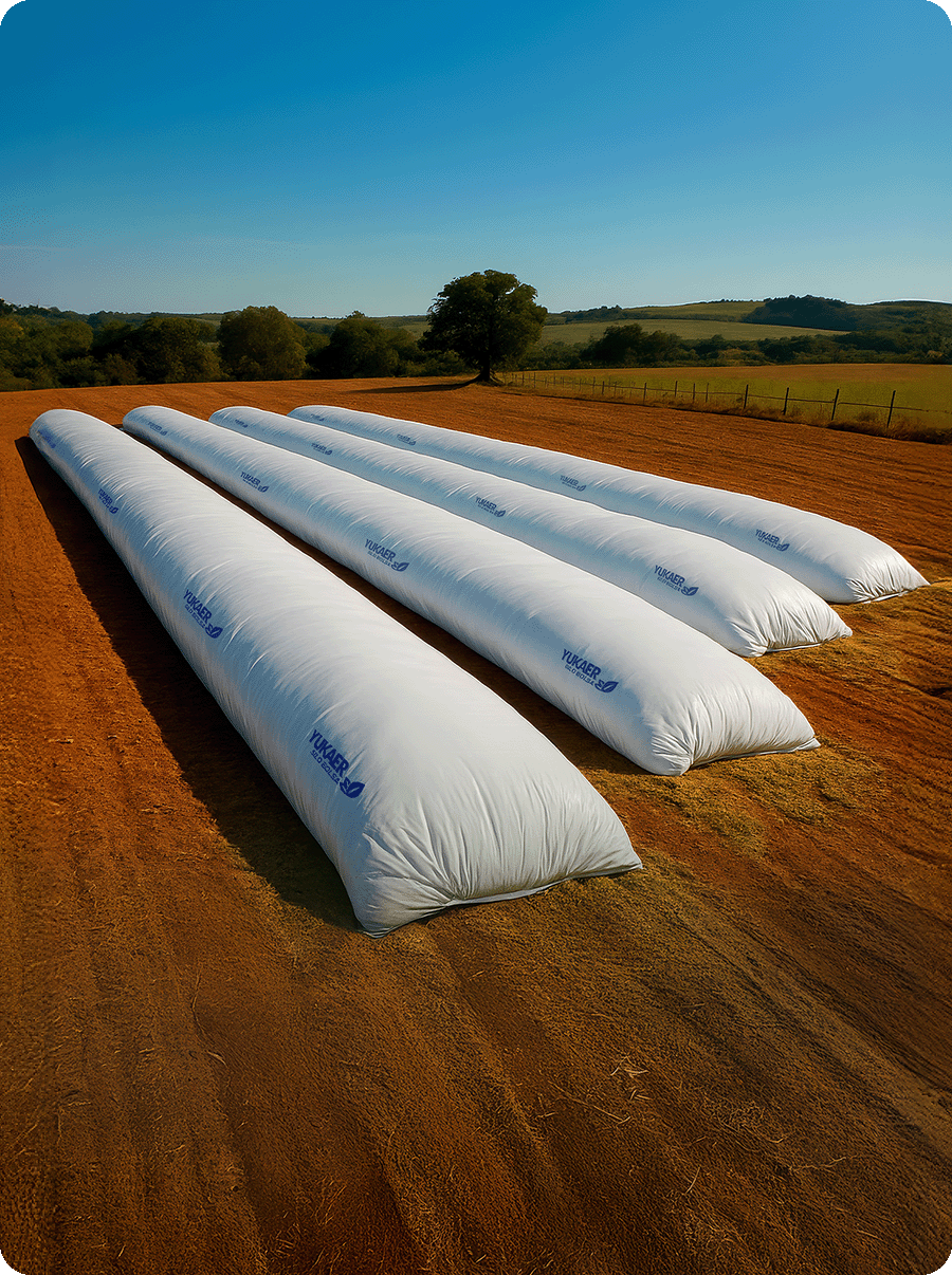 Silo bolsa Yukaer armazenando grãos no campo